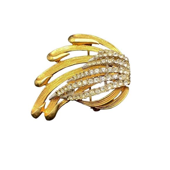 Vintage Gold tone rhinestone floral wispy pin brooch strong clasp - Picture 5 of 8